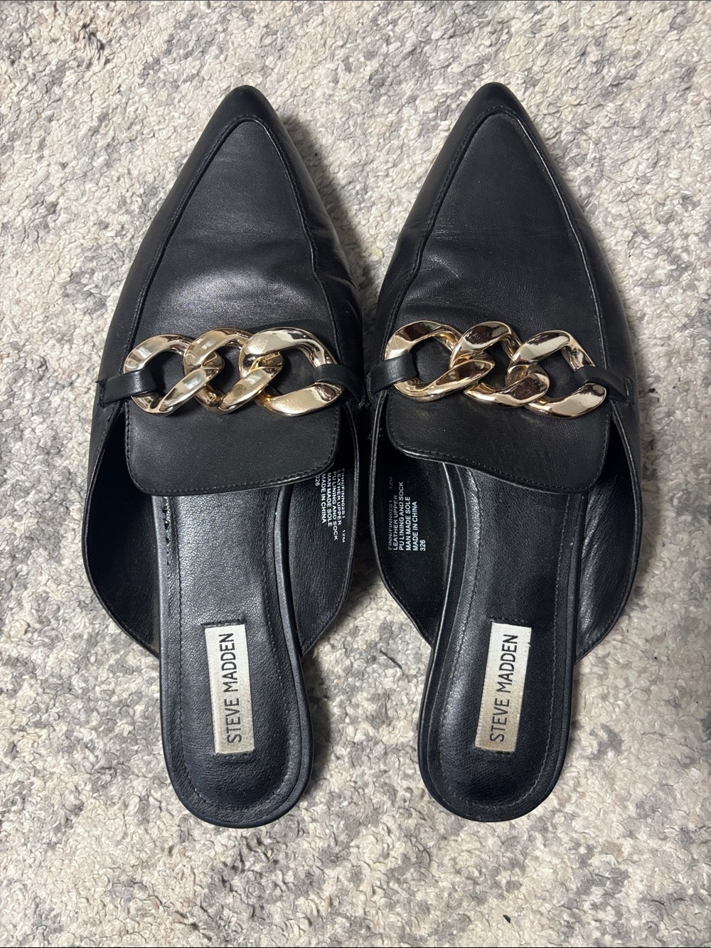 Steve Madden Black Pointed Mules with Gold Chain Accent